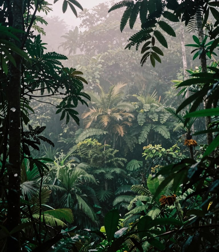 Misty morning primary rainforest canopy in Osa Peninsula, dense layers of green foliage, low-hanging fog, raw editorial photography, 35mm film