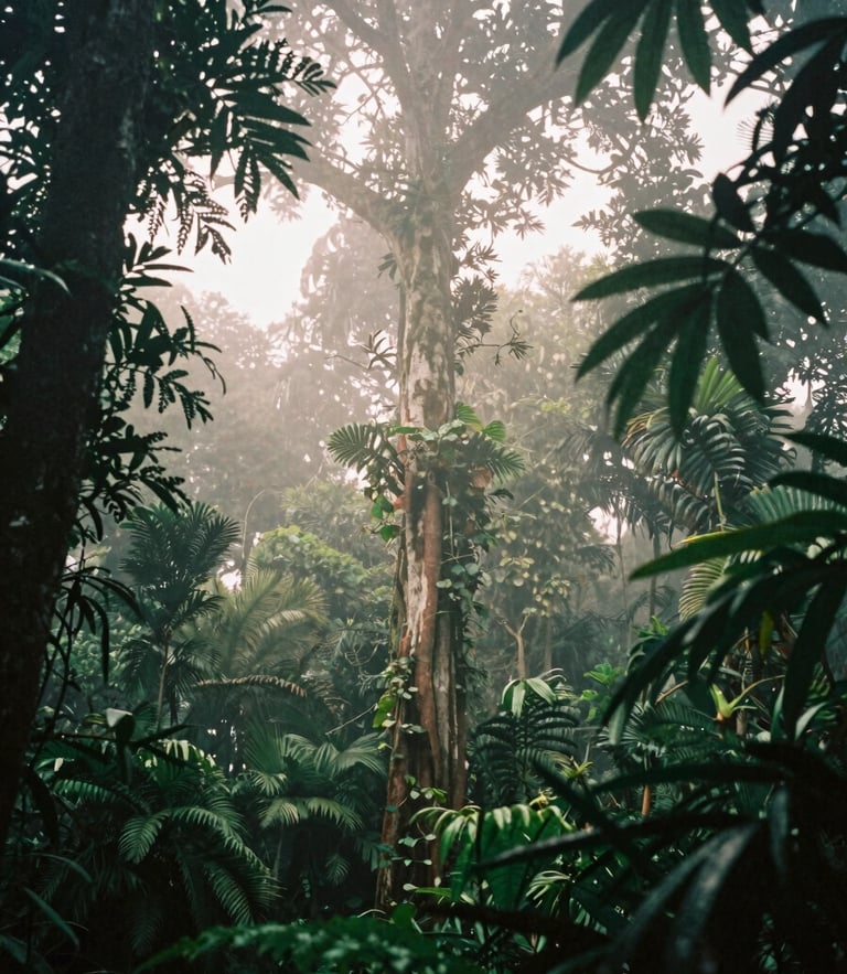Misty morning primary rainforest canopy in Osa Peninsula, towering ancient trees shrouded in fog, raw organic editorial photography, 35mm film