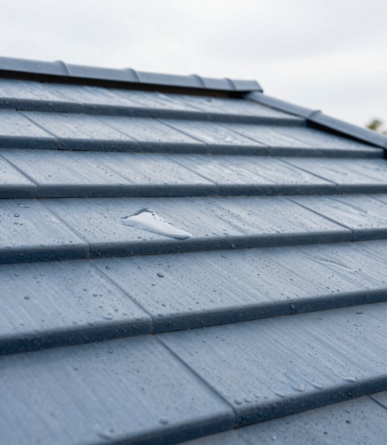Close-up of clean slate roof tiles with water-beading hydrofuge effect, bright overcast daylight, sharp focus, technical precision