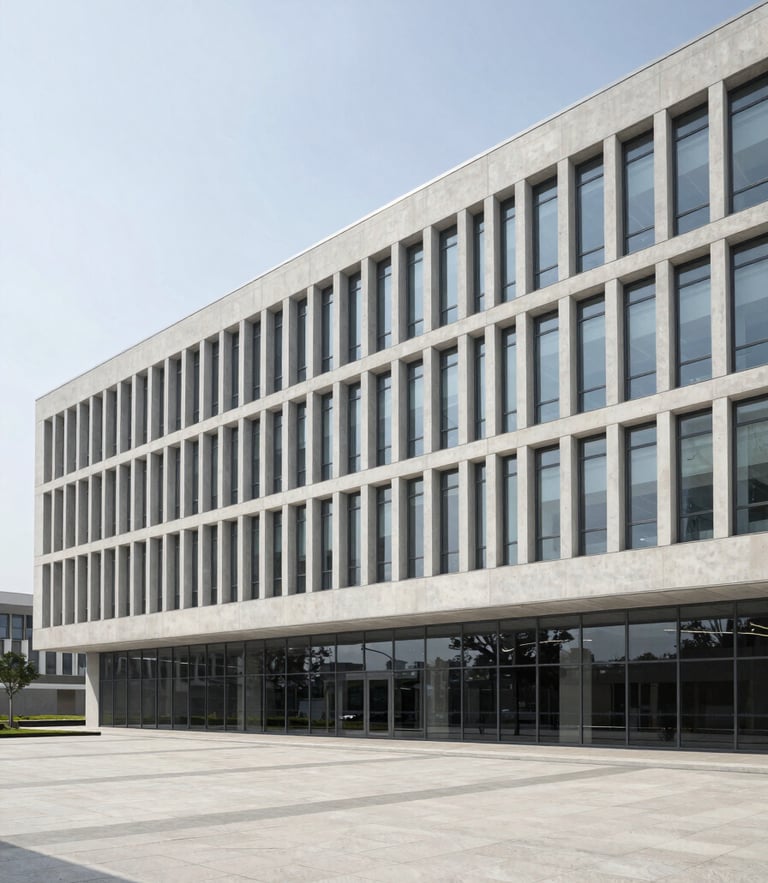 Professional architectural photography, clean daylight, desaturated corporate tones, wide-angle lens, modern government building facade with clean concrete and glass lines.