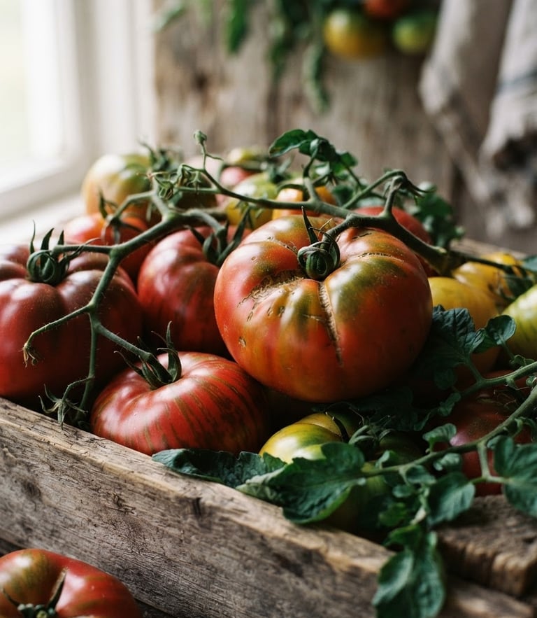 Close-up of fresh, vibrant heirloom tomatoes on a wooden crate, soft natural window light, rustic farm setting, rich crimson and forest green tones, 35mm, shallow depth of field, portrait aspect.
