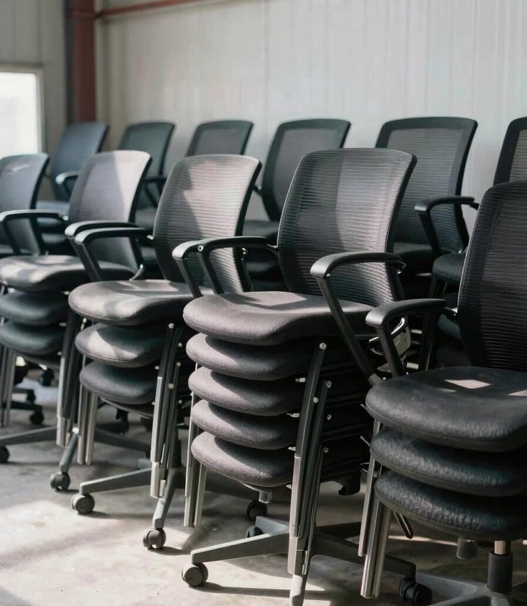 Rows of decommissioned office chairs stacked neatly in a warehouse, bright natural daylight, industrial editorial photography, 35mm lens