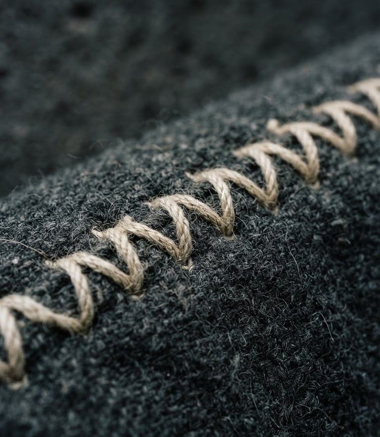 Tight macro shot of heavy-gauge cotton stitching, cool overcast daylight, sharp shadows, desaturated tones, 35mm