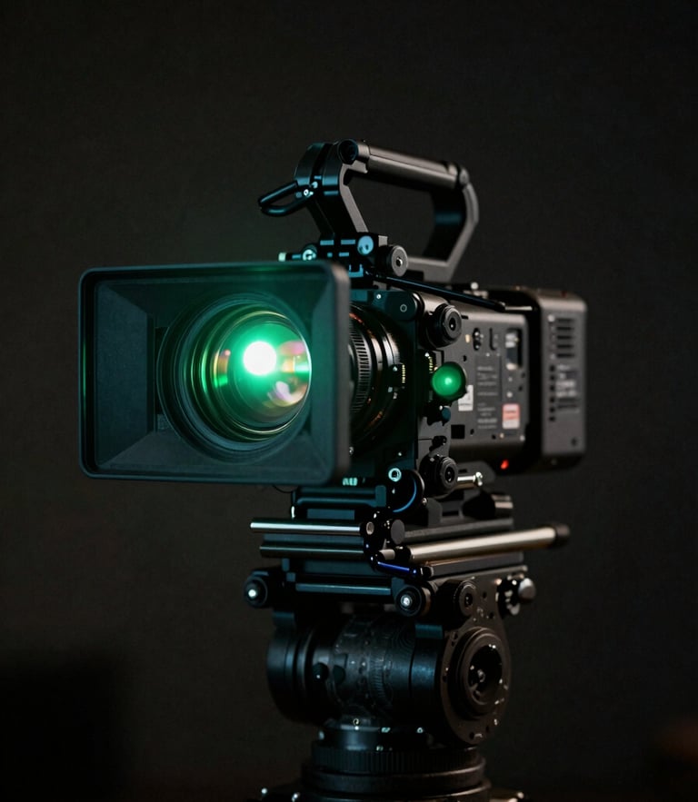 Tight macro shot of a fully rigged cinema camera mounted vertically on a heavy gimbal, low-key dramatic lighting, neon green tally-light reflection, anamorphic lens flare
