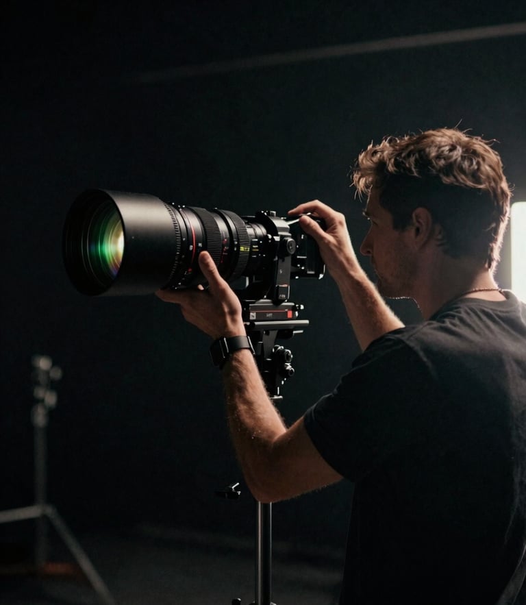 Moody behind-the-scenes shot on a dark soundstage, a cinematographer adjusting a massive anamorphic lens, soft green tally-light reflection, high contrast.