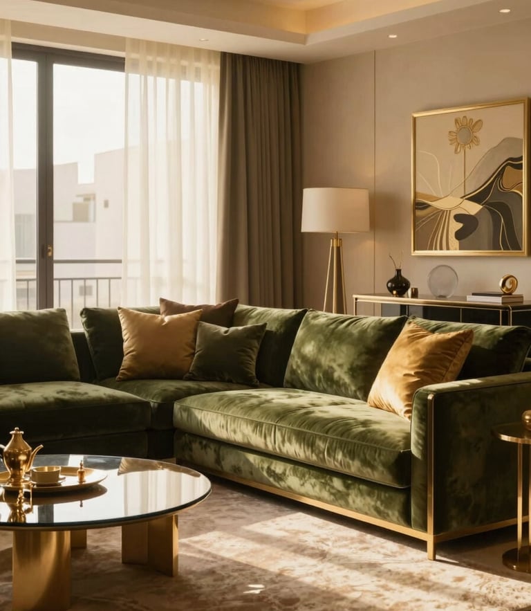 Warm editorial interior photography, soft golden-hour sunlight, deep olive and gold accents, luxurious textures, 35mm lens, showing a bespoke luxury Saudi living room setup in Riyadh.