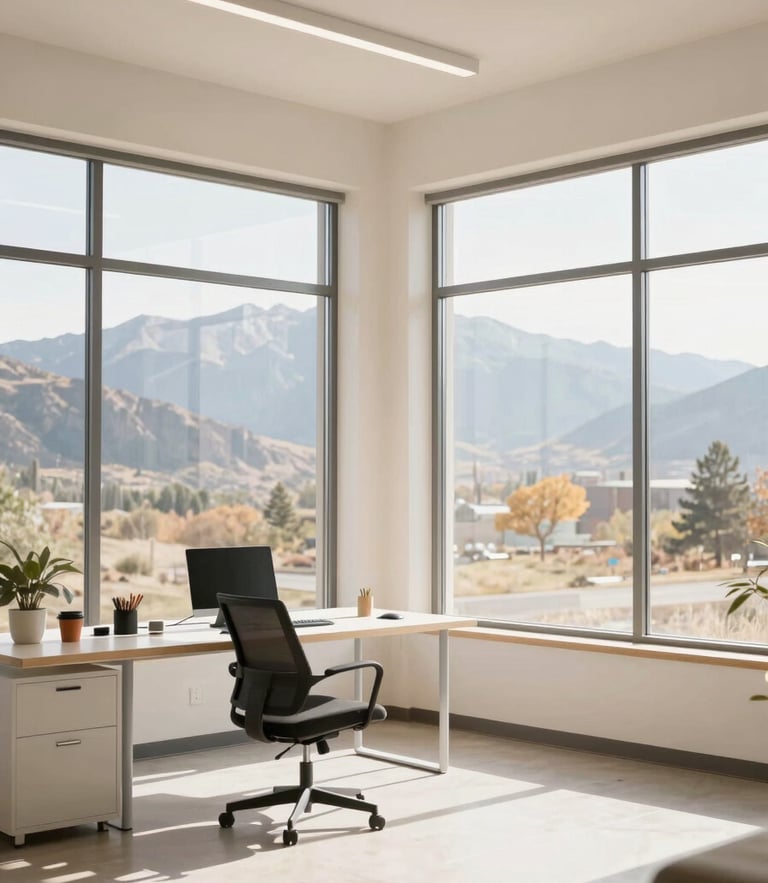 A bright, sun-drenched modern workspace with expansive windows looking out at the Utah mountains, warm morning sunlight, airy high-key lighting, natural soft tones