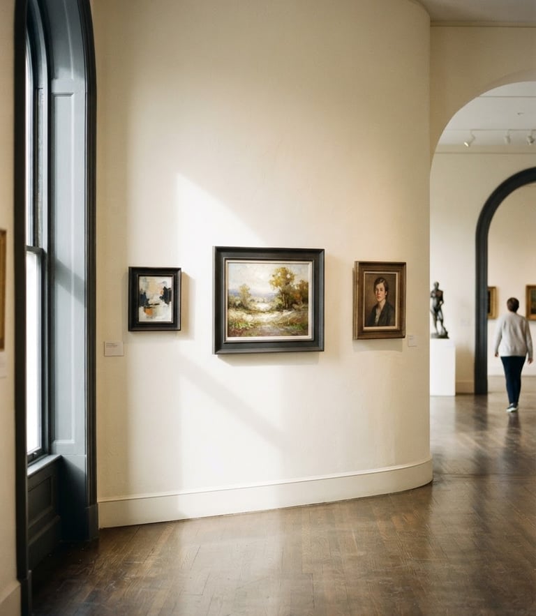 A bright, airy gallery interior with natural window light casting soft shadows on clean cream walls displaying framed oil paintings, architectural framing, 35mm lens
