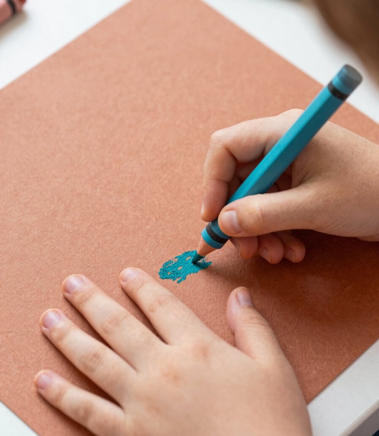 Overhead shot of a child's hands coloring a textured paper sheet with earthy terracotta and teal crayons, soft morning daylight, shallow depth of field