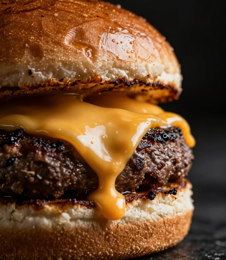 Extreme close-up of a glistening seared smash burger with melting yellow cheddar cheese dripping down the side, dramatic high-contrast side lighting, dark moody background, macro lens