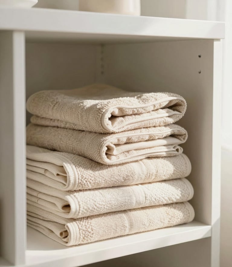 Bright editorial photography of a beautifully organized laundry room cupboard with folded beige linen towels, soft natural morning daylight, warm tones, shallow depth of field