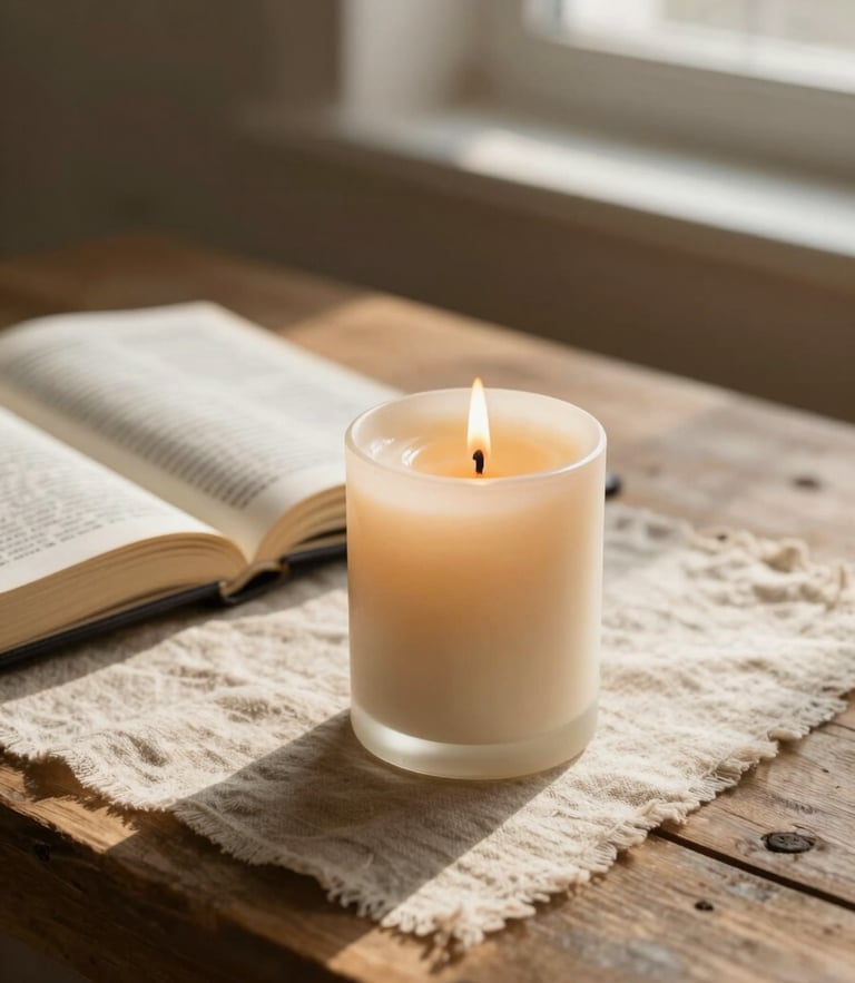 Close-up of a lit soy candle on a rustic wooden table next to an open Bible, warm morning window light casting soft shadows on linen fabric.