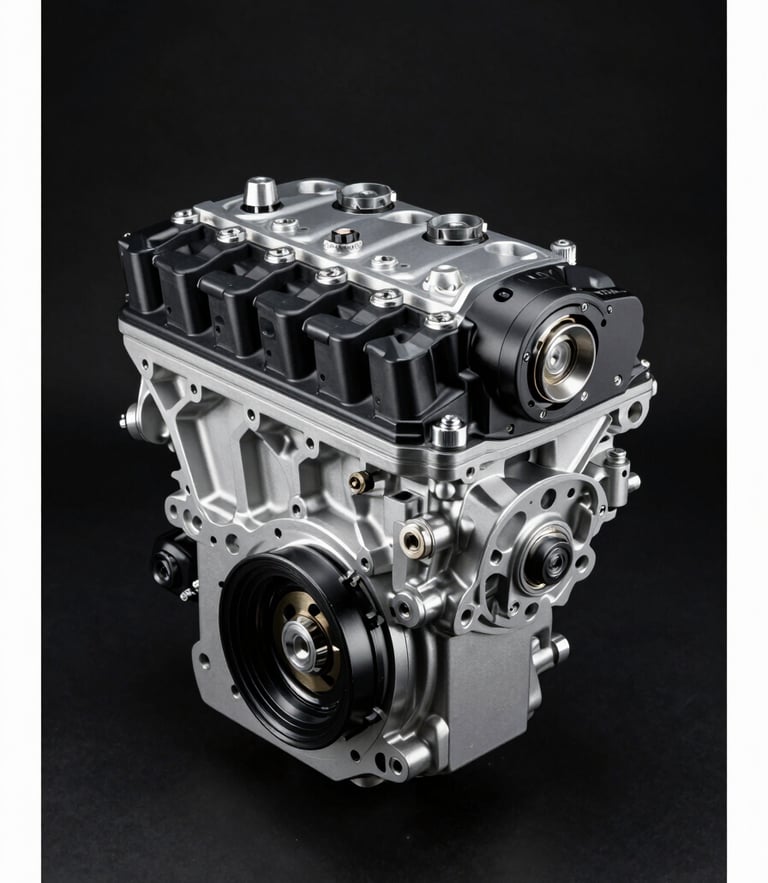 Studio shot of a pristine, high-performance automotive engine component, sharp metallic highlights, deep black background, technical commercial photography.