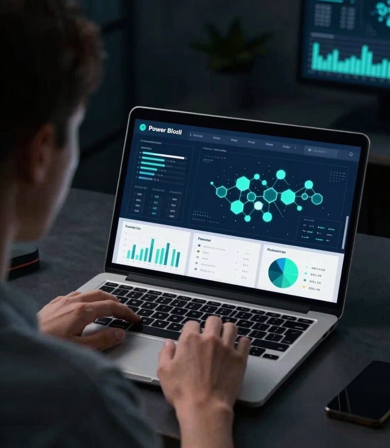 Over-the-shoulder shot of a financial analyst looking at a sleek laptop displaying clean Power BI dashboards with teal and neon-blue glowing nodes, dark-mode tech environment, moody low-key lighting.