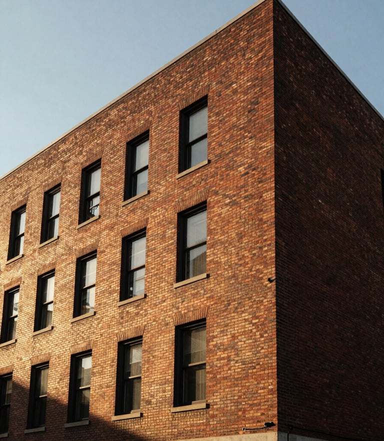 Low-contrast overcast architectural shot of a brick building facade in Buffalo, sharp clean geometric lines, 24mm wide-angle