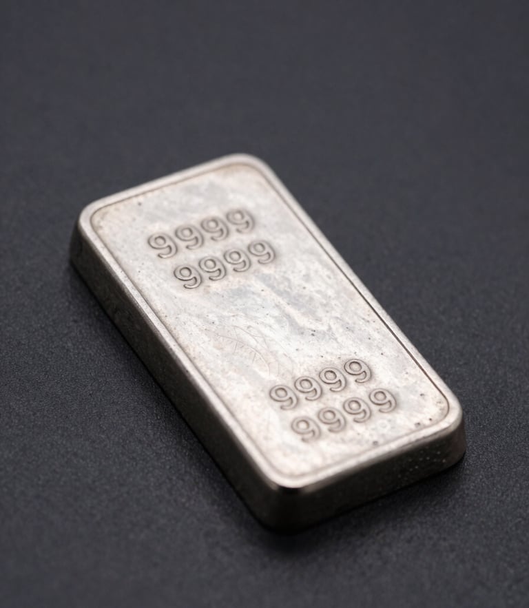 Macro photography of a minted .9999 silver bar, showing engraved serial numbers and crisp metallic edges, soft diffused studio lighting, deep charcoal background.