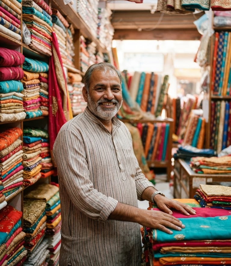 An eye-level portrait of a local shop owner smiling inside his bright, colorful textile shop in Hanumangarh, warm natural daylight, rich textures of fabrics, sharp focus, 35mm lens.