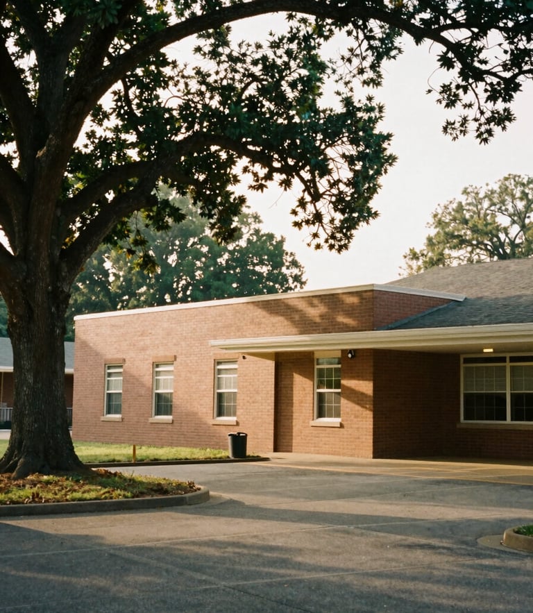 A quiet morning view of a brick community center with soft light filtering through mature oak trees, warm editorial style.