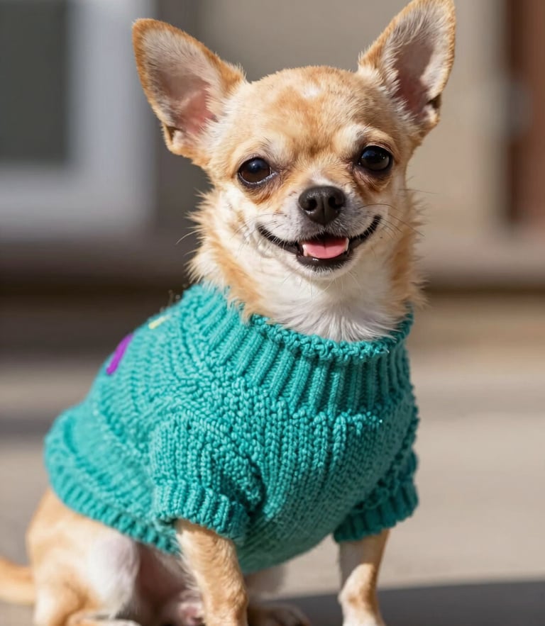 A happy small chihuahua wearing a vibrant teal handcrafted sweater, sitting comfortably, looking at the camera, warm natural daylight, shallow depth of field, 35mm