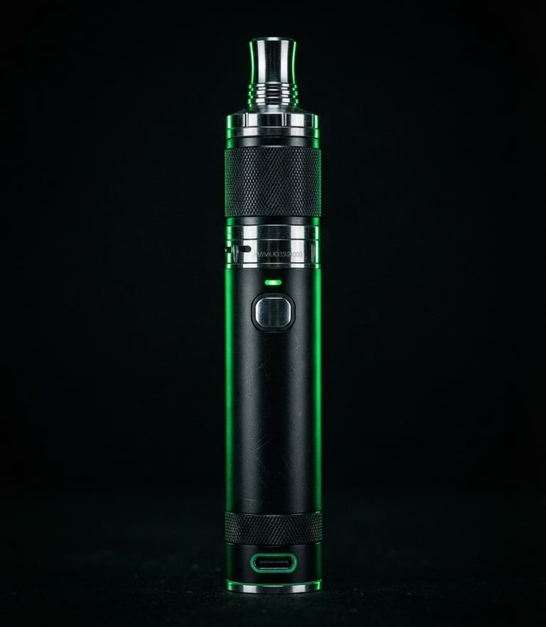 Macro studio shot of a sleek metallic vape device with neon green rim lighting, high contrast obsidian background, 50mm
