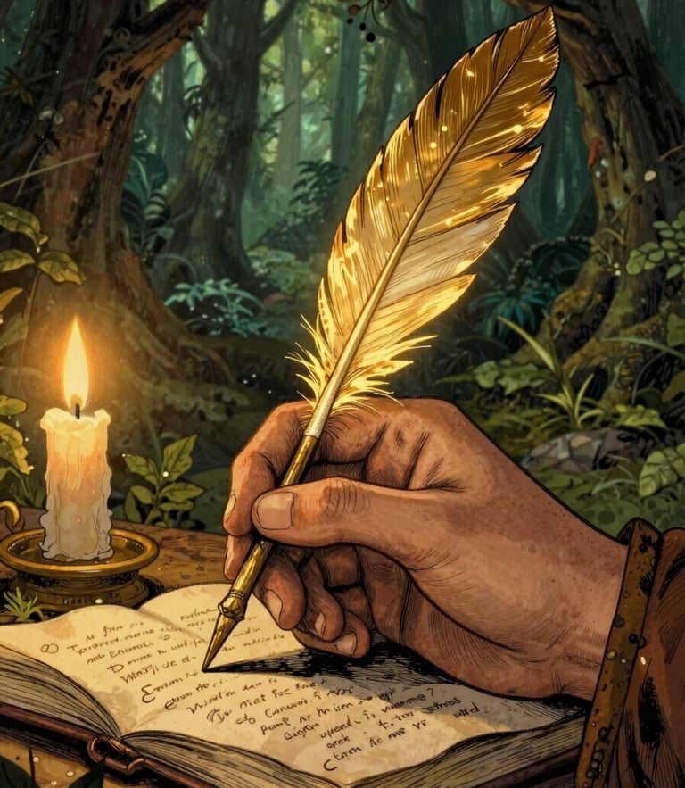A warm, hand-inked illustration of a medieval scribe holding a glowing golden quill, enchanted forest background, soft candle-light, rich textures.