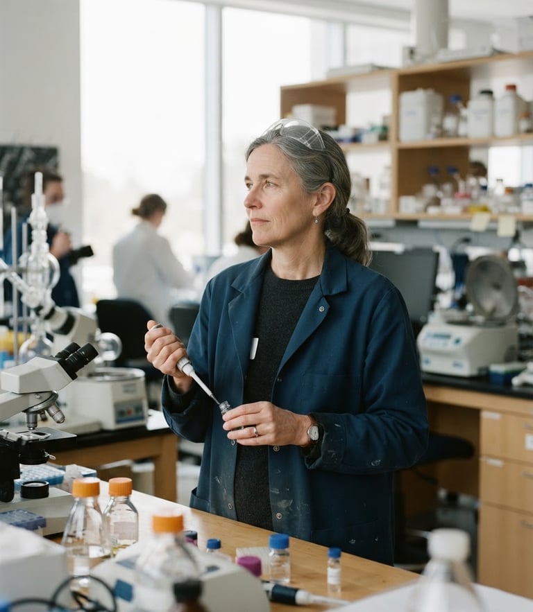 Dignified portrait of a female academic researcher in a bright, modern, naturally lit university laboratory, looking thoughtfully off-camera, 35mm lens, editorial documentary style
