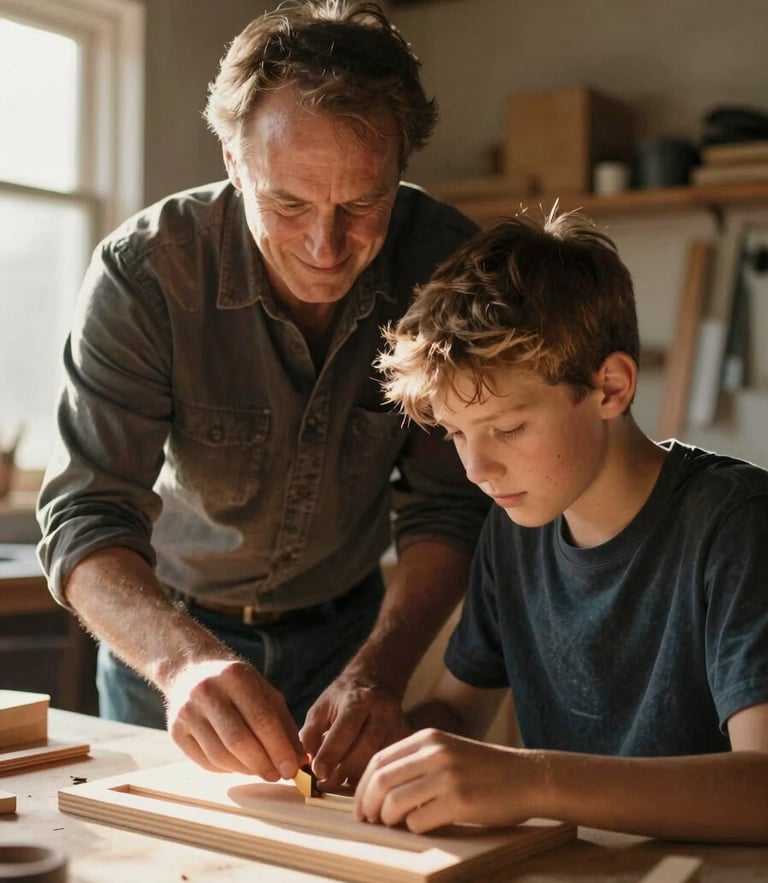 A warm candid portrait of a mentor and a teenage boy working on a wooden craft project together in a sun-drenched workshop, 35mm film look