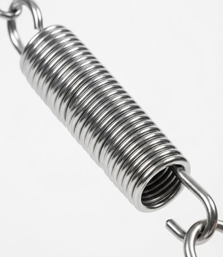 Macro close-up of a sleek metallic Pilates spring, gleaming under bright studio light, clean white background, premium product photography, 50mm