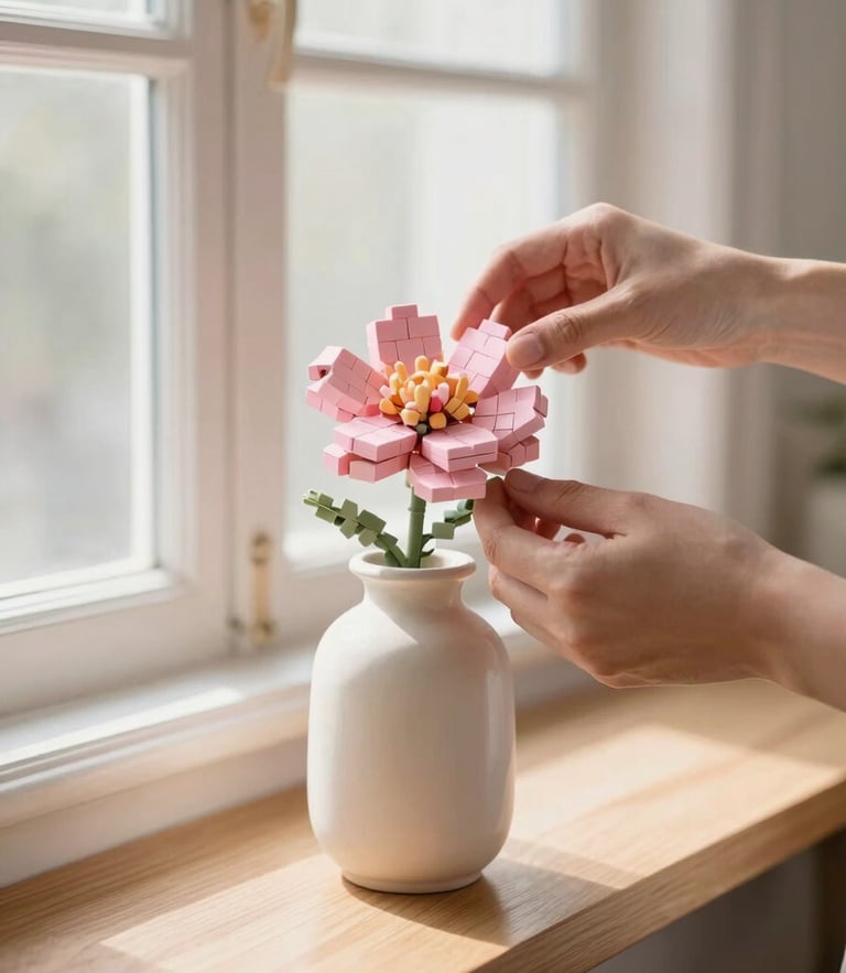 Hands gently placing a pastel pink brick-built flower into a ceramic vase on a sunlit wooden shelf, soft morning window light, shallow depth of field