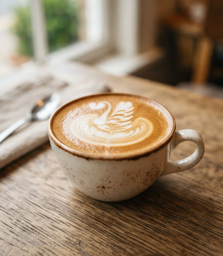 A warm editorial close-up of a perfectly poured latte with elegant art on a wooden table, soft morning window light, cream and coffee brown tones
