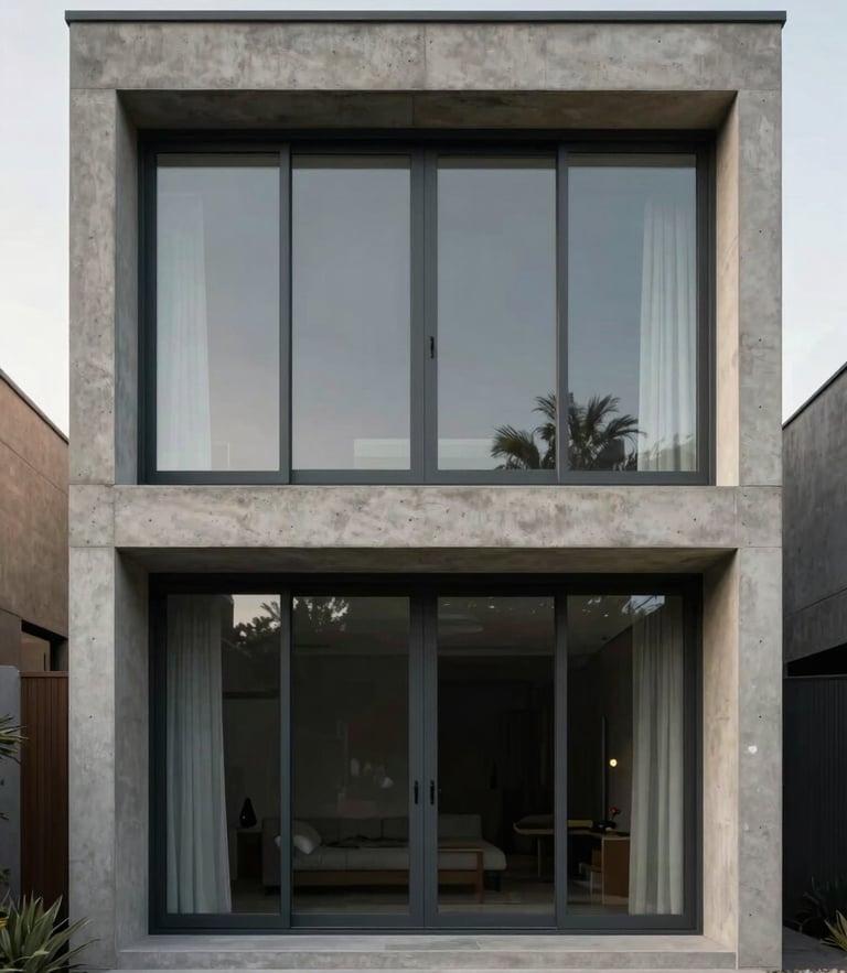 Straight-on architectural elevation of a modern concrete residence in Chile, expansive matte grey window frames reflecting soft overcast daylight, high-contrast minimalist composition.