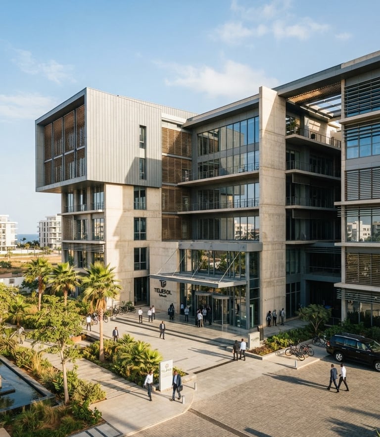 Professional environmental shot of a modern industrial office building in Dakar, bright daylight, clean architectural lines, warm West African sun casting sharp shadows, 35mm
