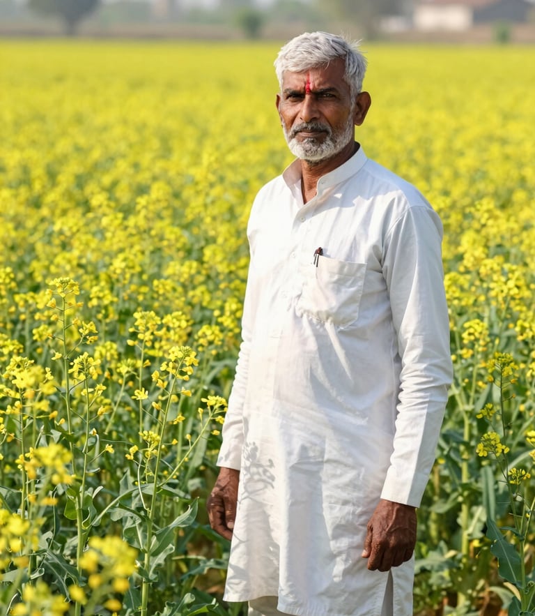 A local Gujarati farmer standing in a bright, sunlit mustard field, vibrant green and yellow tones, professional agricultural portrait, daylight, editorial 35mm