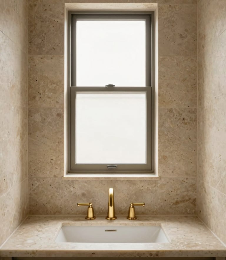 Straight-on architectural photography of a finished high-end bathroom, featuring warm travertine stone walls, matte brass vanity fixtures, and soft natural window light, waist-level perspective.