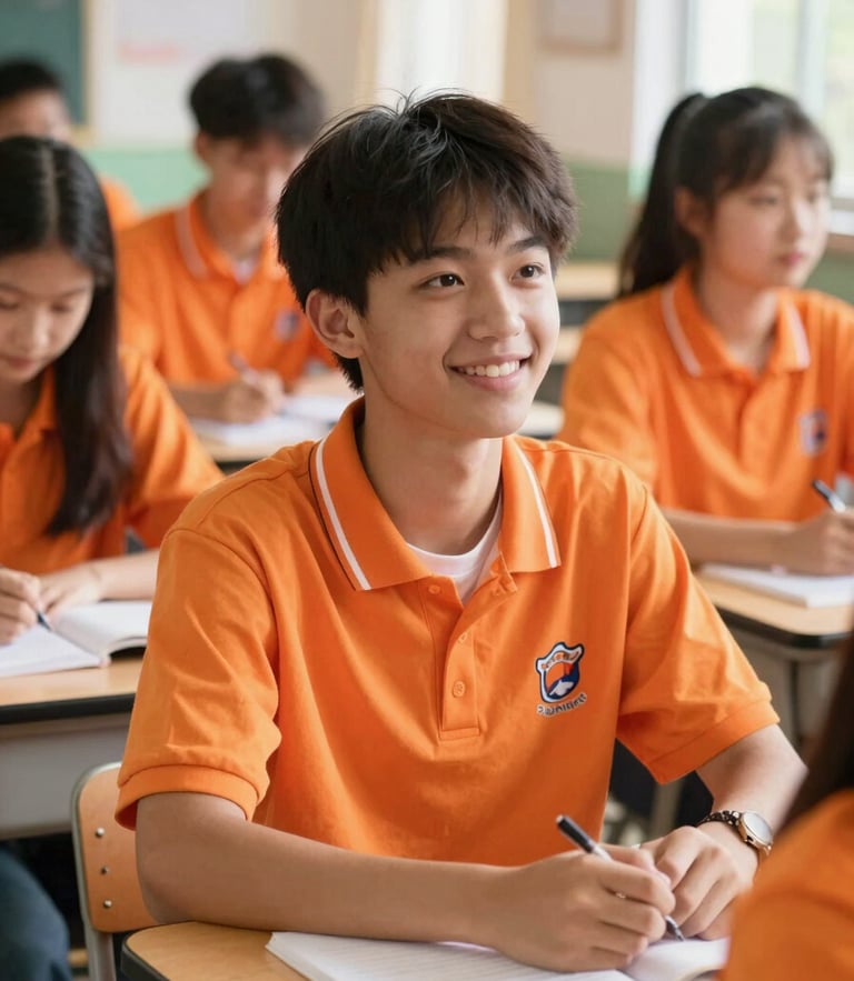 Candid environmental portrait of a smiling high school student in a bright, sunlit classroom with vibrant orange school-spirit accents, warm natural daylight, shallow depth of field.