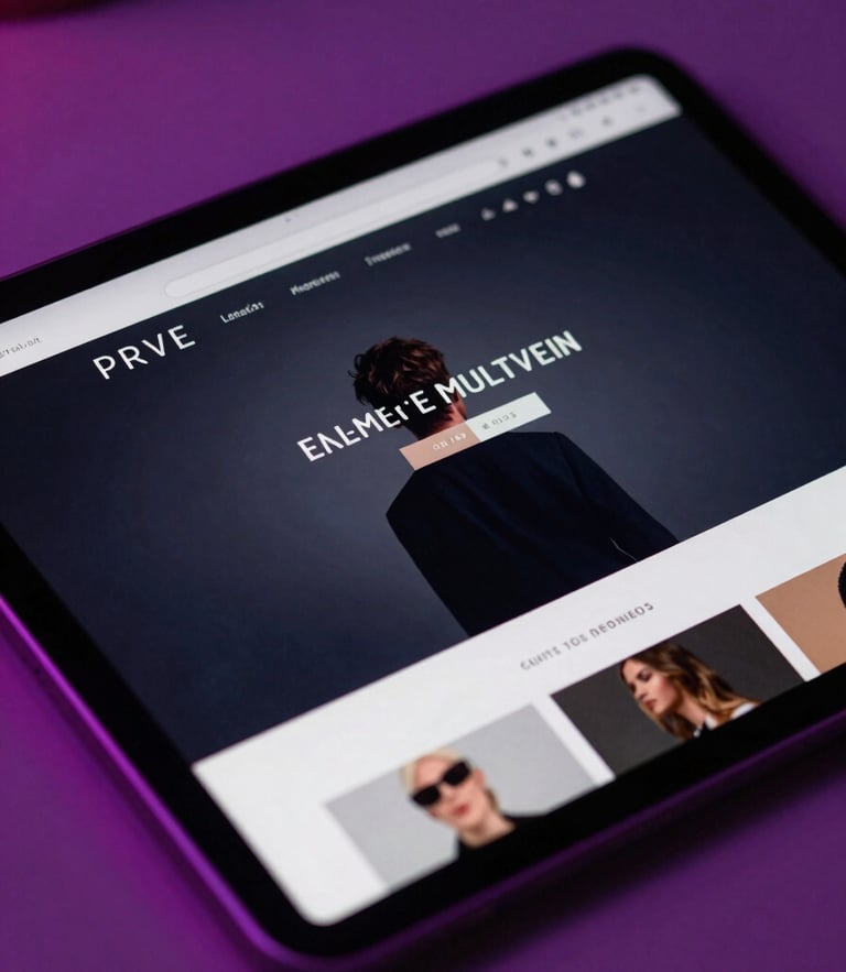 Tight macro shot of an elegant dark-mode website displayed on a tablet screen, moody studio lighting with soft violet and pink ambient glows, shallow depth of field