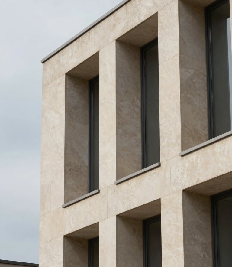 Close-up architectural detail of a modern limestone building facade, sharp geometric shadows, overcast daylight, minimalist aesthetic.