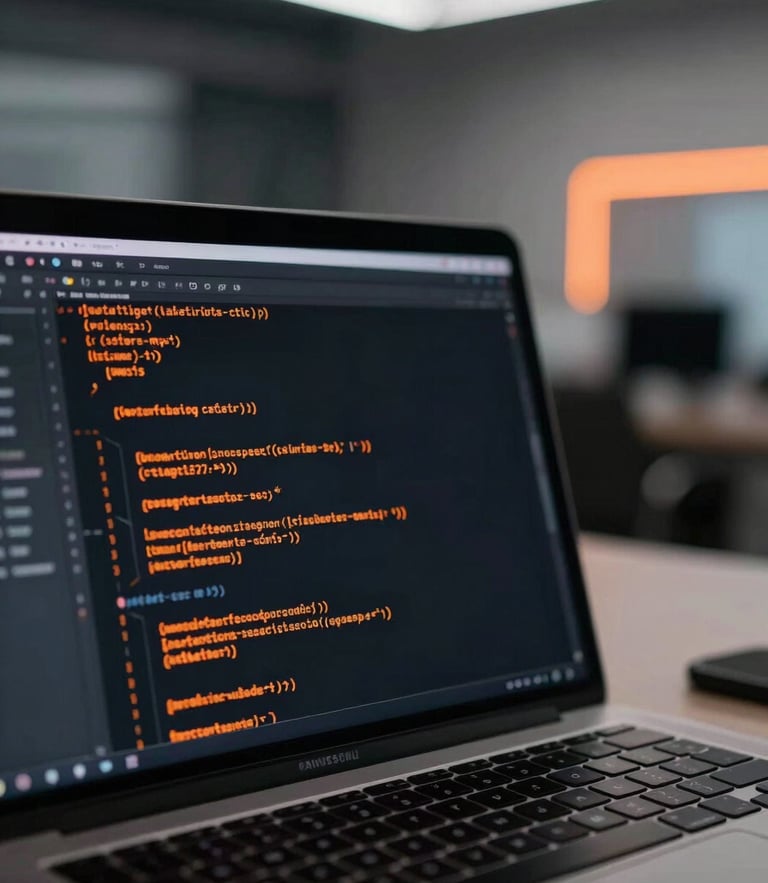 Close-up of clean high-tech workspace, laptop screen displaying glowing orange code, moody low-key lighting, shallow depth of field, 35mm