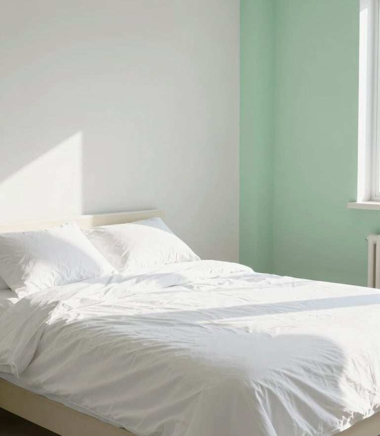 Straight-on architectural photo of a sunlit bedroom with crisp white linens and hospital corners, bright natural daylight, 35mm