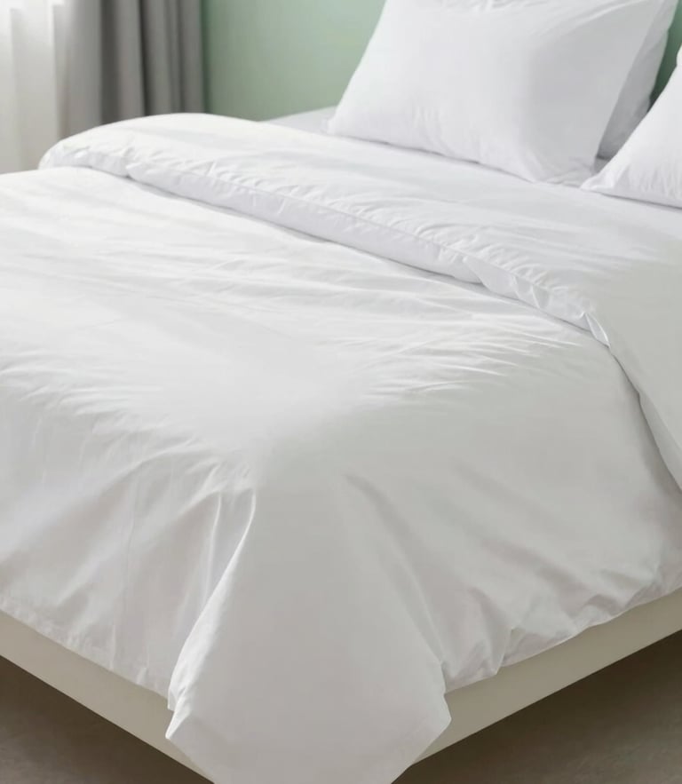 Bright high-key interior photography of a perfectly made bed with crisp white linens and hospital corners, soft morning sunlight, clean minimal bedroom