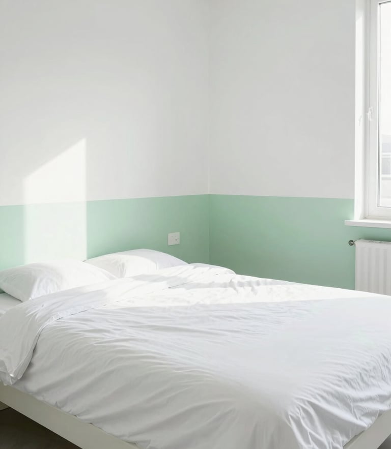 Straight-on architectural shot of a modern rental bedroom, perfectly made bed with crisp hospital corners, bright high-key natural daylight, clean white and soft green tones, sharp focus.