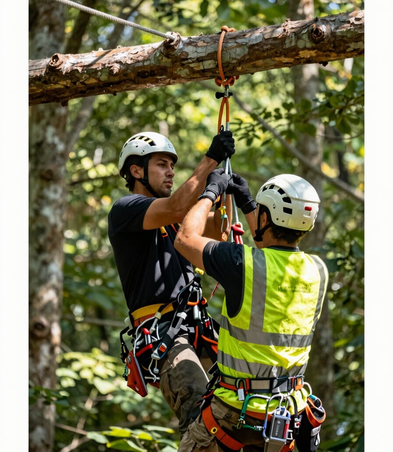 Tight editorial shot of a professional crew member in high-visibility safety gear securing rigging lines to a tree limb, bright natural daylight, sharp focus, 35mm