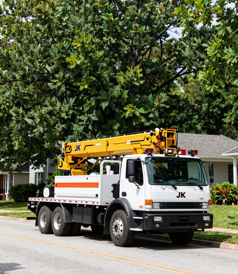 Wide environmental shot of a professional JK Tree Service crane truck parked on a clean residential street in Virginia, bright natural daylight, crisp editorial focus