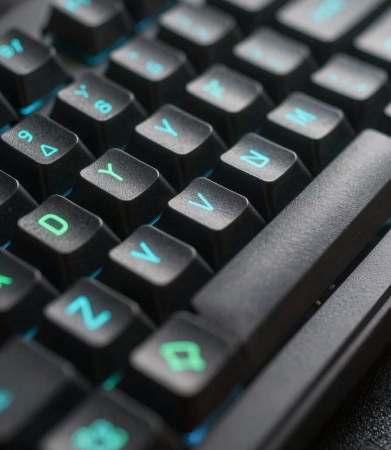 Extreme macro shot of a dark mechanical keyboard with glowing cyan and green keycap legends, shallow depth of field, screen reflection.