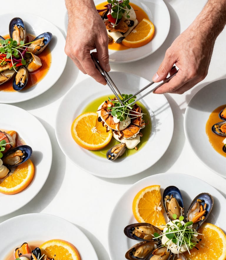 Overhead flat-lay of vibrant plated seafood dishes with bright citrus accents, active chef hands using tweezers to place microgreens, crisp natural daylight, sharp focus on clean white background
