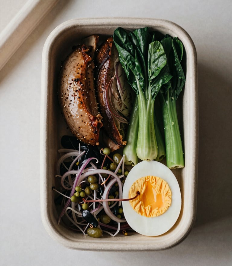 Overhead flat-lay of a beautifully styled bento box on textured ceramic, soft natural daylight, muted earth tones