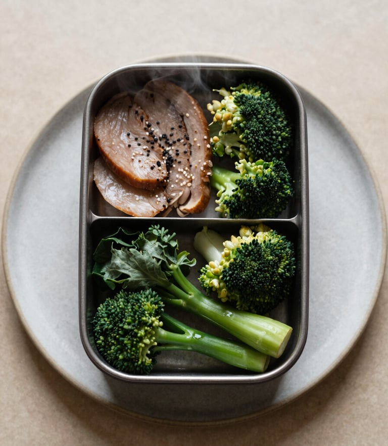 Overhead flat-lay of a warm, beautifully arranged bento box on a textured ceramic plate, soft natural overcast daylight, steam gently rising, muted earth tones with rich green accents