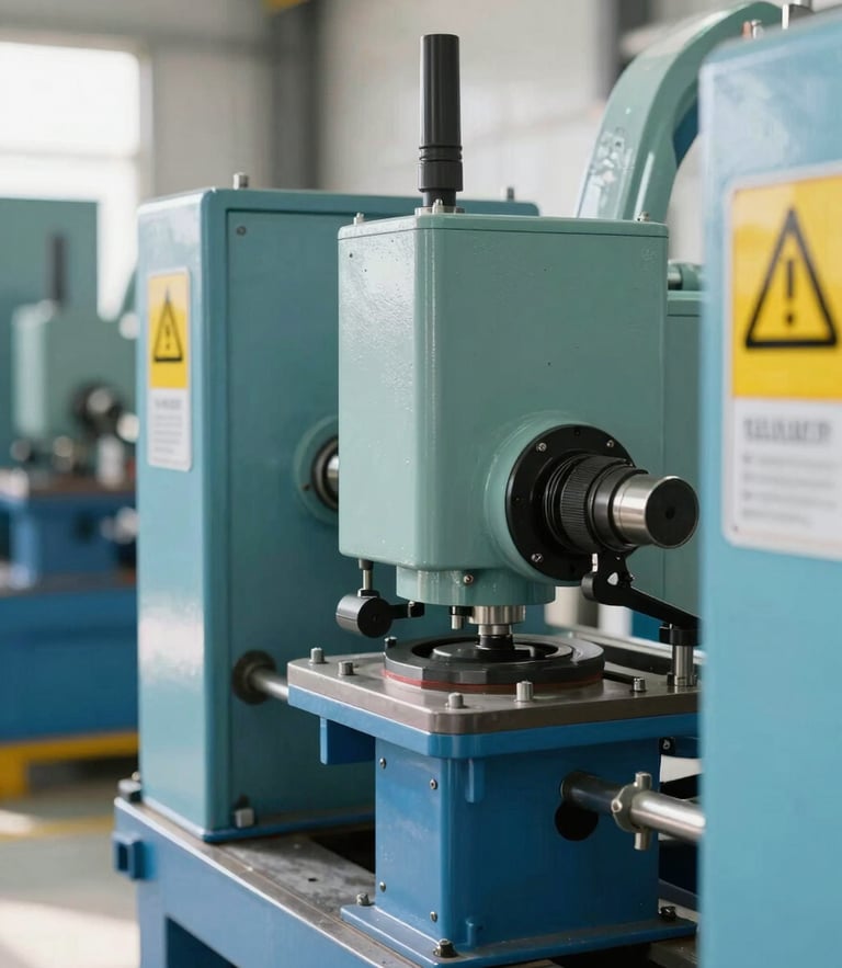 Close-up of industrial machinery and structured factory floor with safety indicators, bright natural light, crisp 35mm lens