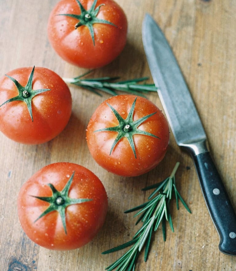 Overhead flat-lay of fresh heirloom tomatoes, rosemary sprigs, and a vintage chef knife on a rustic wooden table, soft natural daylight, shallow depth of field, 35mm film.