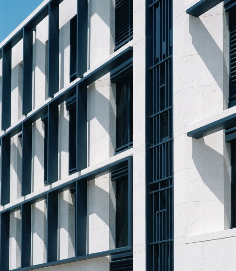 Architectural detail of a high-end Sarasota office building, clean geometric shadows on white limestone, bright natural Florida daylight, desaturated navy and warm gold tones, 35mm lens.